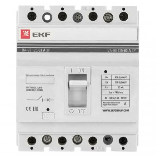 Автоматический выключатель ВА-99 125/63А 4P 25кА EKF | код. mccb99-125-63-4P | EKF 